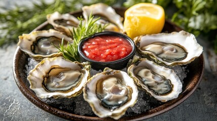A detailed image of raw oysters on the half shell, served with lemon and cocktail sauce.