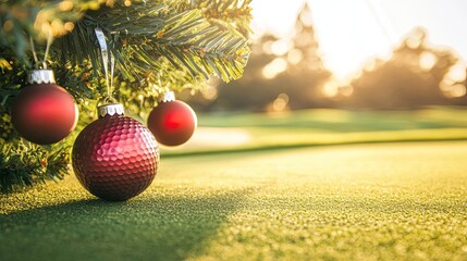 Christmas Tree Decorated With Ornaments on a Golf Course at Sunset Generative AI