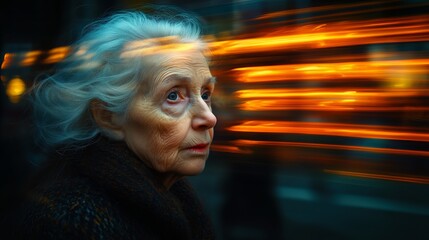 Obraz premium An elderly woman with white hair standing against a background of bright, blurred lights. The dynamic movement of the lights contrasts with the stillness of the woman, creating a striking effect
