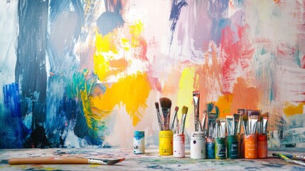 An artistic painting workshop with colorful canvases and brushes, Art tools organized in a creative studio setup, Creative expression style