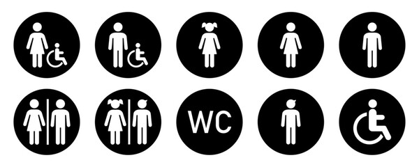 Toilet icons set black color isolated logotype. Man and woman symbol, toilet signs, WC toilet signs symbol. Woman and man, girl and boy public toilet vector signs icons. Washrooms logo symbols.