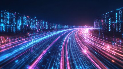 Fototapeta premium A vibrant digital landscape with glowing lines representing data flow and connectivity.