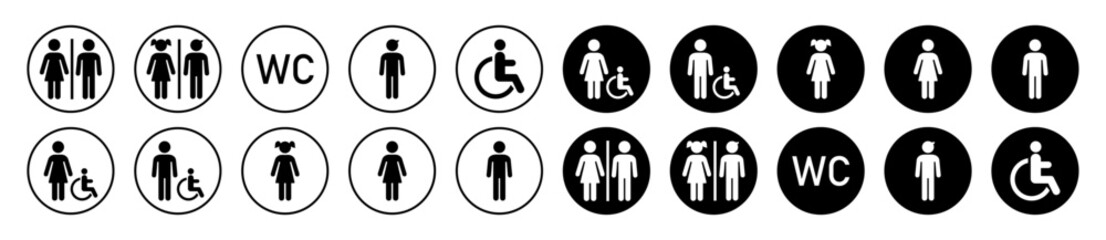 Toilet icons collection. Man and woman symbol. Toilet signs logotype. Wc toilet signs symbol. Woman and man, girl and boy public toilet vector icons set. Washrooms logo sign. Vector illustration.