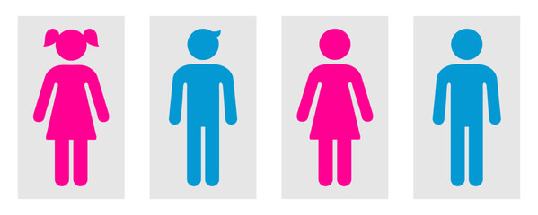 Male and female gender icon symbol. Man woman sign. Female and male icon. Gender symbol pink and blue color isolated set. Man, woman, girl and boy gender symbols. Vector illustration. © Munnacreativehub