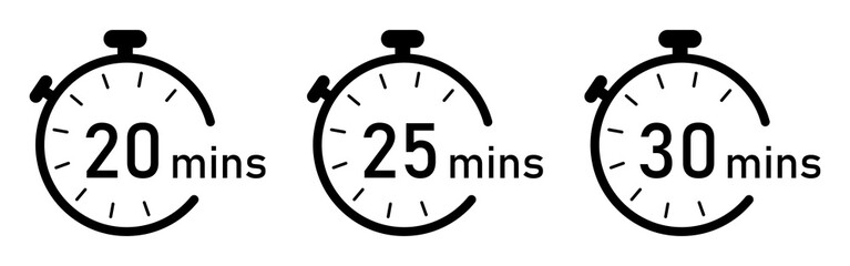 Set of 5, 10 and 15 minutes timer and clock icons set black color isolated on a white background. Timer logo. Clock symbols, stopwatch signs, timer icons. Countdown 10, 20, 30, minutes. Vector icons.