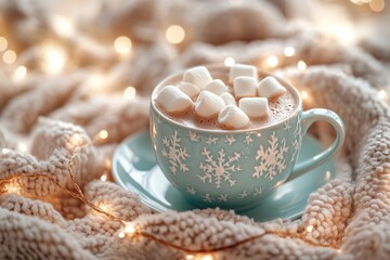 Fototapeta premium Cozy Winter Scene with Hot Chocolate in Snowflake Mug and Marshmallows