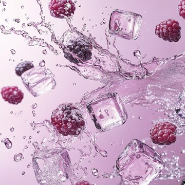 Splash berries with ice cubes, pastel background