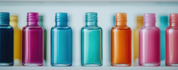 A vibrant array of colorful glass bottles arranged in a neat row, showcasing various shades of paint or liquid.