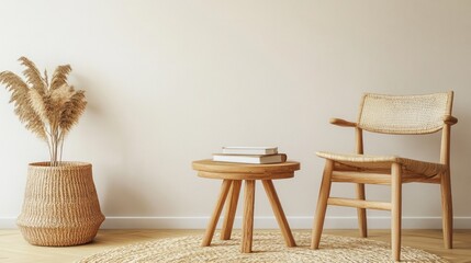 Minimalist Interior Design with a Wooden Chair and a Side Table