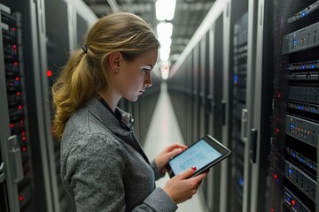 Focused IT Professional Analyzing Data on Tablet in Modern Server Room Environment