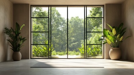 A serene interior with large windows showcasing lush greenery outside.
