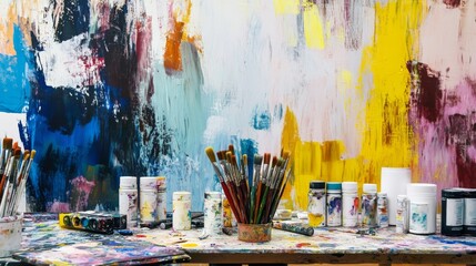 An artistic painting workshop with colorful canvases and varied brushes, Paint tubes organized in a creative studio space, Abstract artistry style