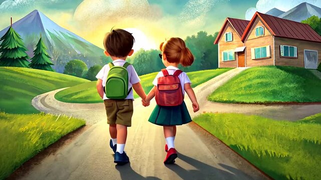 Students walking in serene rural landscape boy girl hills mountain house nature 2D vector cartoon  with house and mountain, video footage full HD 4K download