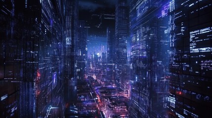 Obraz premium A futuristic cityscape illuminated by neon lights and digital interfaces.