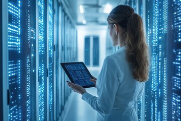 Female IT Professional Analyzing Data on Tablet in Modern Server Room