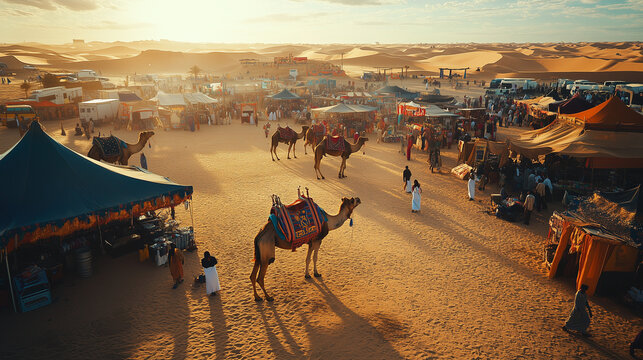 Buraidah Camel Festival, a camel contest featuring colorful cloth, gold-decorated saddles, and their owners wearing traditional robes, Ai generated images
