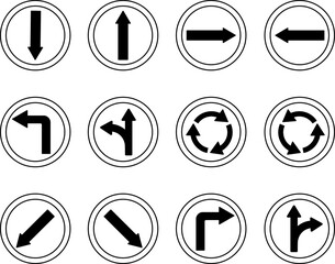 Road Traffic Arrows. Round Signs.  Vector Icons. Back, Forward, Right and Left Arrows. Straight or Right, Straight or Left. Roundabout. Keep Left or Right