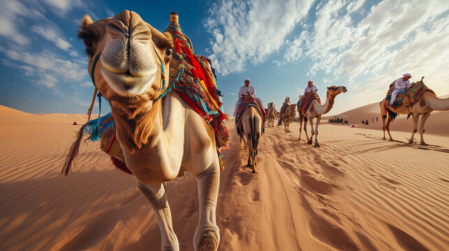 Buraidah Camel Festival, a camel contest featuring colorful cloth, gold-decorated saddles, and their owners wearing traditional robes, Ai generated images