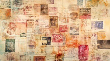 A collage of vintage passport stamps evokes nostalgia, featuring tickets and maps on a sepia background.