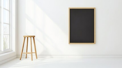 Minimalist room with stool and blackboard.