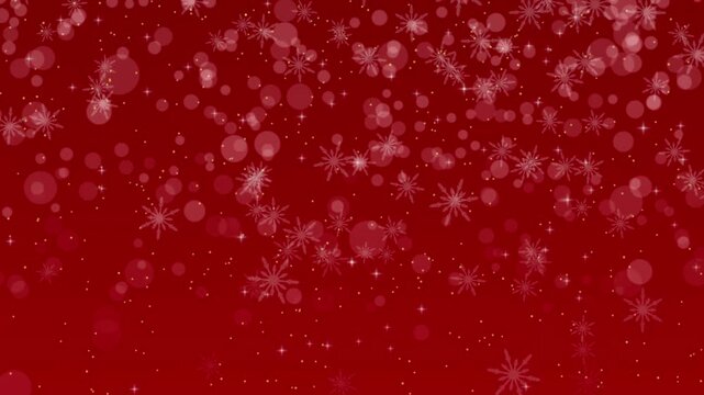 Red Christmas background with glittering golden particles and snow flakes. Happy Winter Holidays Concept.