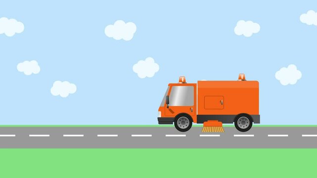 Animation modern street sweeper truck machine. 4k UHD video.