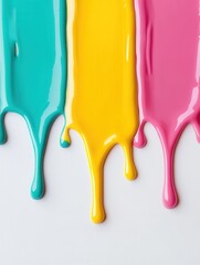 A colorful drip of paint in vibrant hues of teal, yellow, and pink creates an artistic and lively composition.