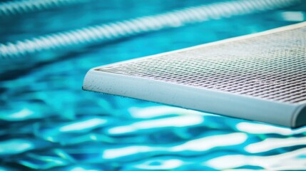 A swimming pool's diving board with focus on the textured surface and water below, indoor setting with ambient lighting, Sleek style