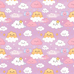 Seamless Cute cloud pattern with stars and pastel background. Pattern for wallpaper, background, print on fabric and paper.