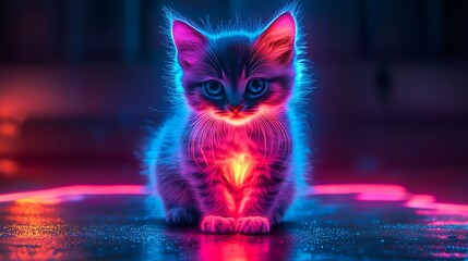 A colorful cat abstract neon light realistic image black background