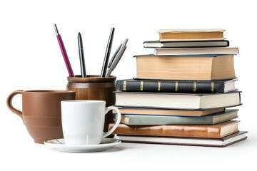 Naklejka premium A study desk with a stack of books, a coffee cup, and a pen holder isolated on white