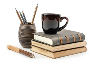 Naklejka premium A study desk with a stack of books, a coffee cup, and a pen holder isolated on white