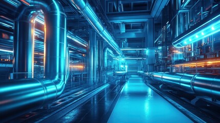Fototapeta premium A futuristic industrial space with illuminated pipes and machinery.