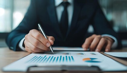 Businessman analyzing reports with graphs and data charts during a meeting.