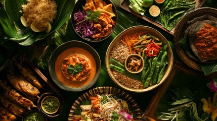 Vibrant Spread of Exotic Dishes on Natural Leaves