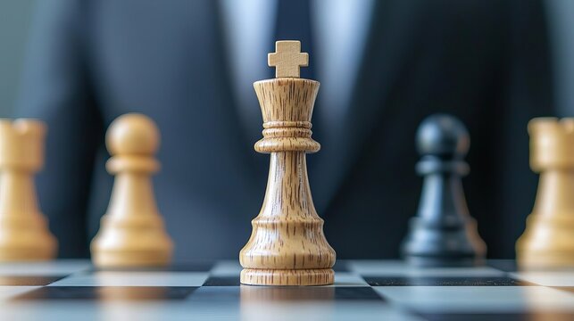 Chess strategy in focus with a king piece surrounded by pawns, depicting competition and tactical planning.