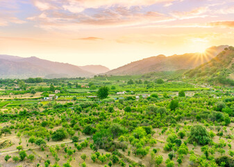 sunset valley landscape with green trees and gardens among beautiful mountains with colorful cloudy sky on background