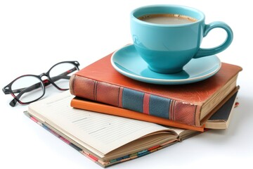 Naklejka premium A study table setup with textbooks, a notepad, and a coffee cup isolated on white