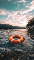 Orange Lifebuoy Floating on Calm Water