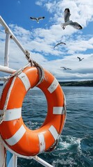 Orange Lifebuoy on a Boat Deck with Seagulls Flying in a Blue Sky