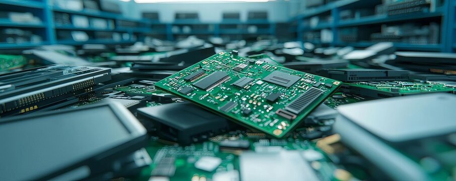 Close-up of electronic waste with circuit boards and discarded devices on a cluttered surface.
