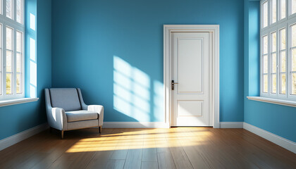Modern living room interior design with a blue wall, wooden floor, retro armchair near the window, and door in the background, perfect for stylish home decor ideas.