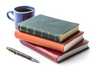 Fototapeta premium A study table with a stack of books, a pen, and a coffee cup isolated on white