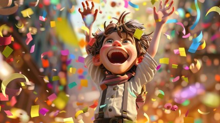 Fototapeta premium Joyful Cartoon Character Celebrating with Confetti