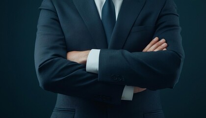 Confident businessman in suit with arms crossed, dark background.