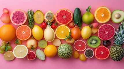 Colorful Assortment of Fresh Fruits on Pink Background
