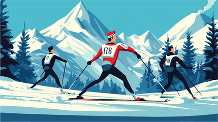Three skiers in high mountains