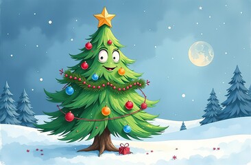 funny character, Christmas tree Full length with eyes and hands, garland , on winter landscape christmas background 