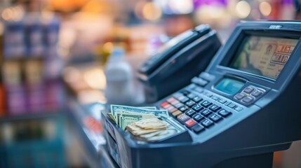 A detailed shot of an open cash register, with money being counted for a transaction in a retail setting.