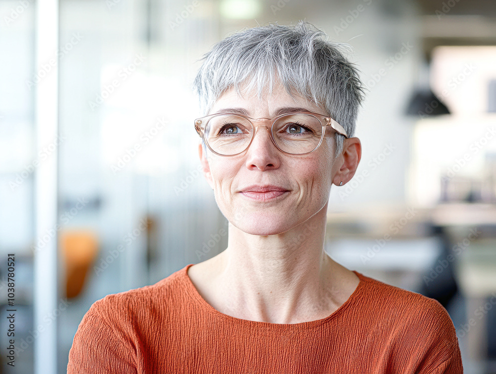 Sticker A woman with glasses and a short gray hair is smiling